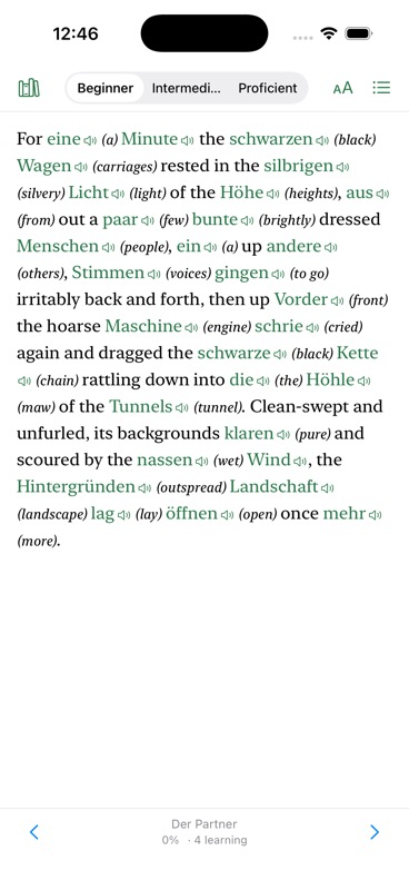 A page of a German novel in Logia — known words shown in German, new words translated inline in English, each with a speaker button